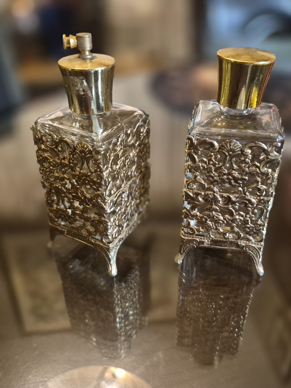 Ornate gold vintage perfume bottles- Glass Décor Bottles - Set of 2